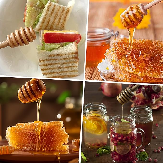 4PCS Honey Mixing Stirrer, Wooden Honey Dipper, Smooth Honey Comb Stick, Honey Spoon Collecting Dispensing Drizzling Jam (Straight Handle)