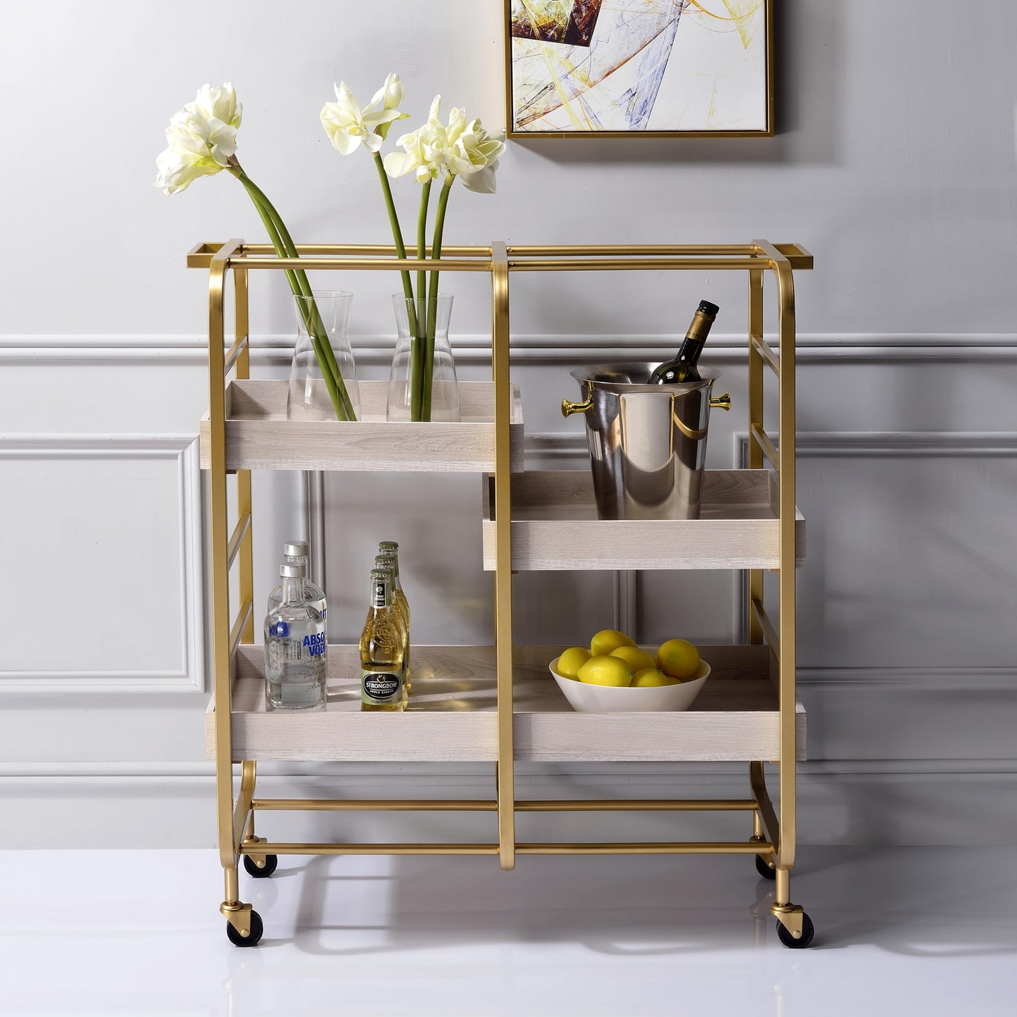 Adigyco Gold and White Washed Serving Cart with 3 Adjustable Trays