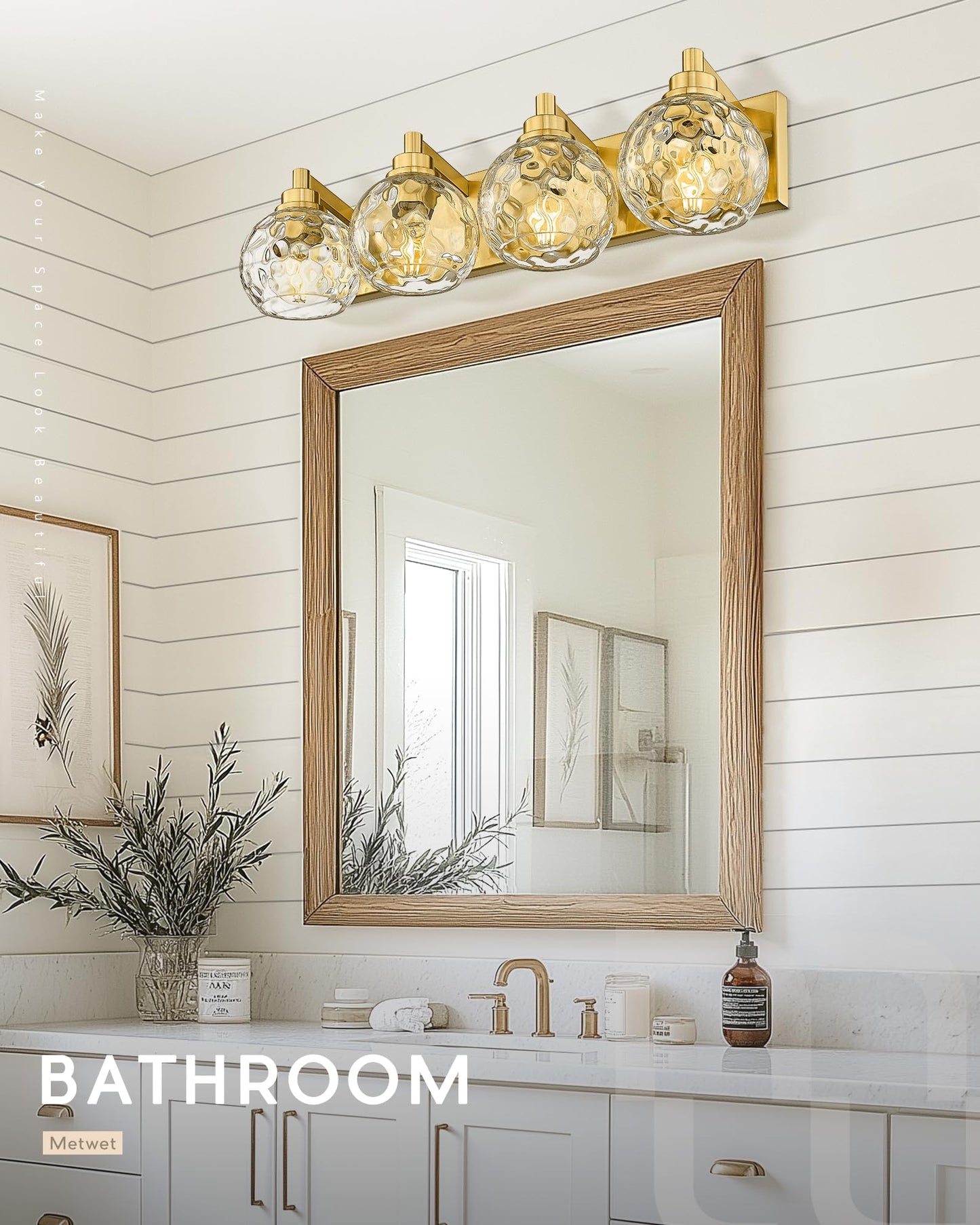 Metwet Bathroom Light Fixtures Over Mirror  26  Brushed Gold Bathroom Vanity Light With Clear Hammered Glass Globe Shade  4-Light Modern Sconces Wall Lighting  Vl200-Bg-Cl-4