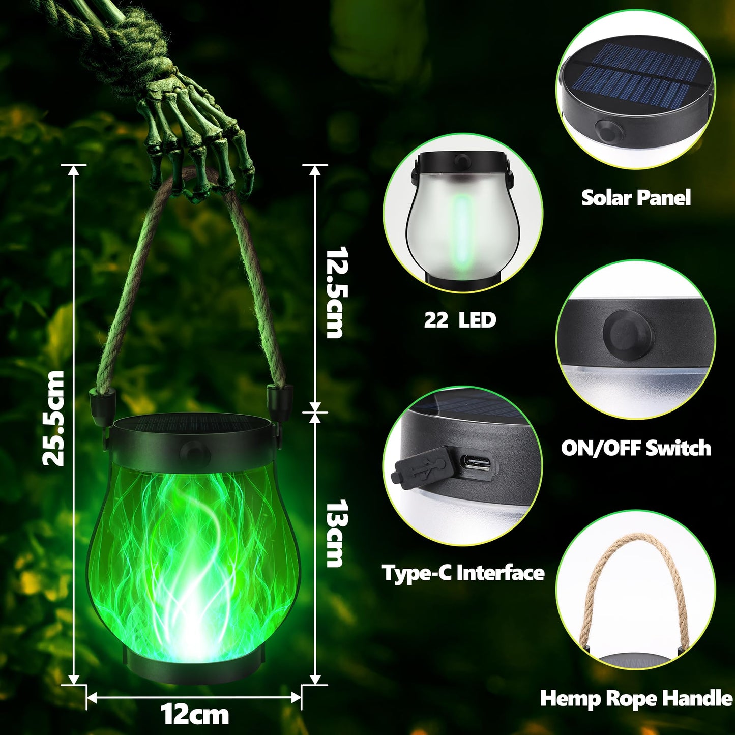 Ibaycon 1 Pack Solar Lanterns Lights  Halloween Flickering Flame Garden Lights With 2 Modes Dual Charging Usb & Solar  Outdoor Waterproof Hanging Lantern For Party Holiday Halloween Decor (Green)
