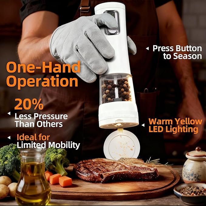 Electric Salt and Pepper Grinder, Rechargeable Automatic Pepper Mill with Base,5-Level Adjustable Coarseness, Display, LED Lighting, Large Capacity-Ideal for Kitchen, BBQ Gifts (1, White-A)