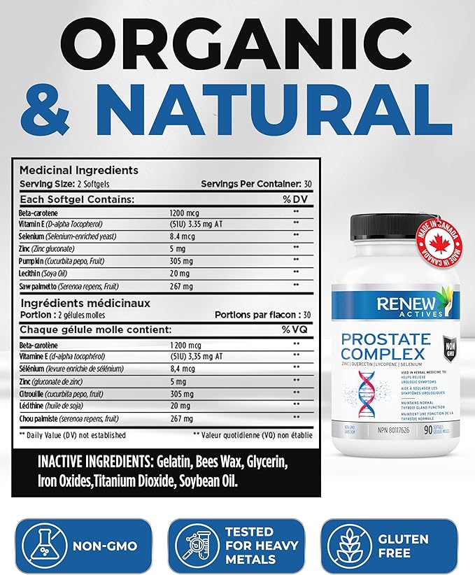Renew Actives Prostate Complex 2 Softgels per Serving – Men's Wellness for Prostate, Thyroid, Immune & Eye Health – Antioxidant Support for Vitality & Performance – Made in Canada - 90 Softgels