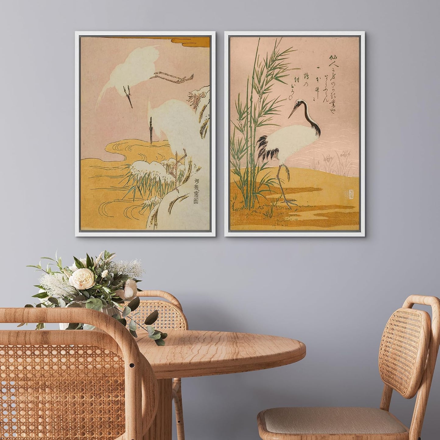 SIGNWIN Framed Canvas Print Wall Art Set Japanese Crane Vintage Style Bird and Bamboo Illustrations Modern Art Rustic Minimal for Living Room, Bedroom, Office - 24"x36"x2 White