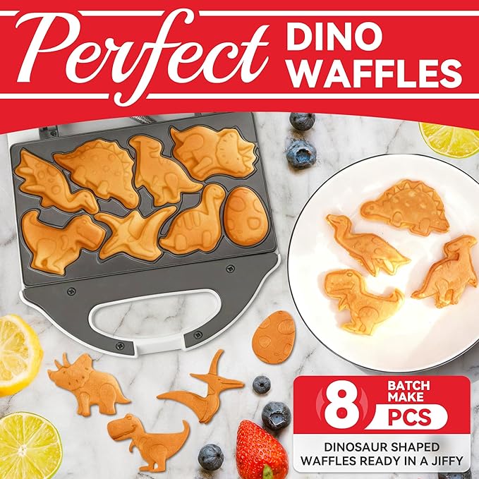 Dinosaur Mini Waffle Maker for Kids, Mini Pancake Maker Machine for Halloween, 8 Different Shaped Dinos in Minutes, Electric Non-Stick Waffle Iron, White