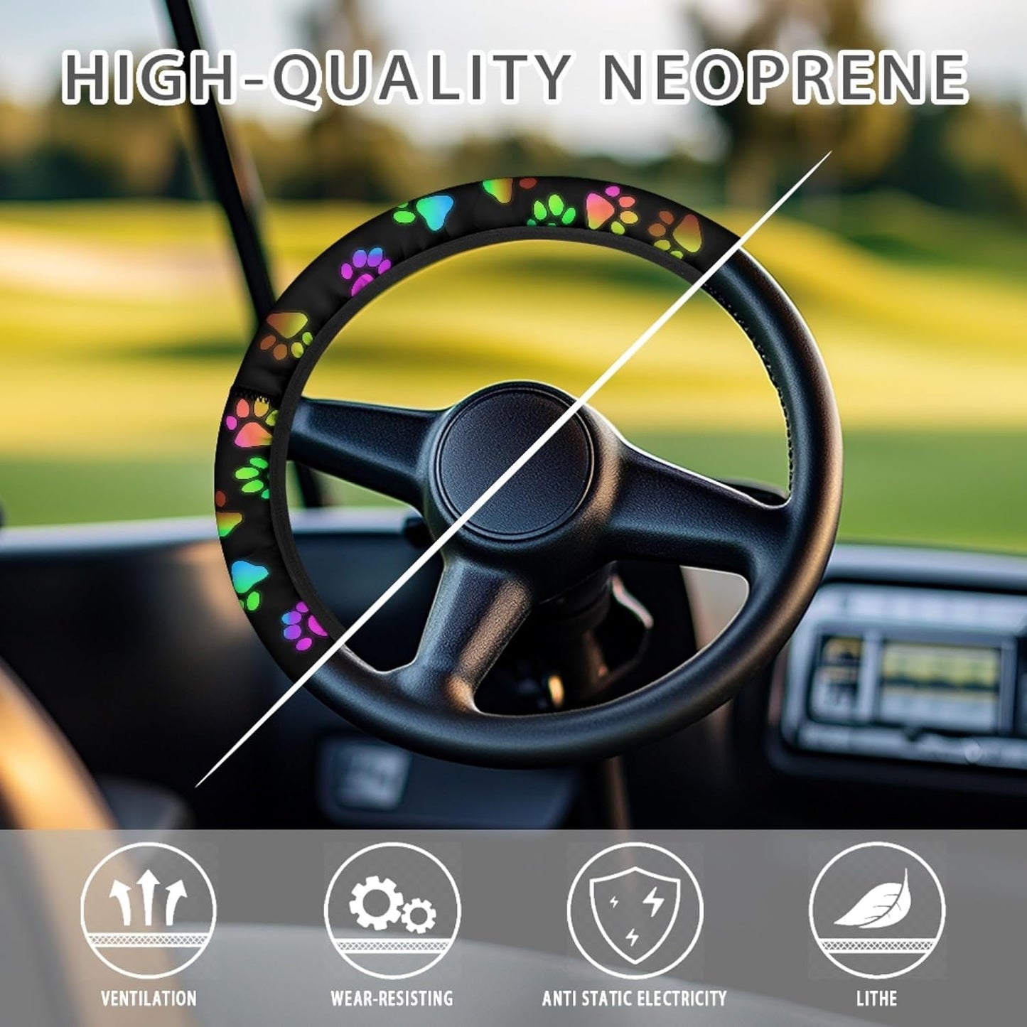 Dog Paw Print Golf Cart Steering Wheel Cover Universal Fit 13-14 Inch Polyester