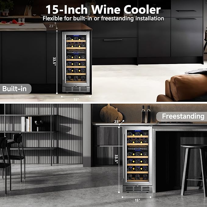 15 Inch Dual Zone Wine Fridge, 28 Bottles Under Counter Wine Refrigerator, with Removable Shelves, Double-Layer Glass Door, Wine Cooler for Built-In or Freestanding, for Home/Commercial