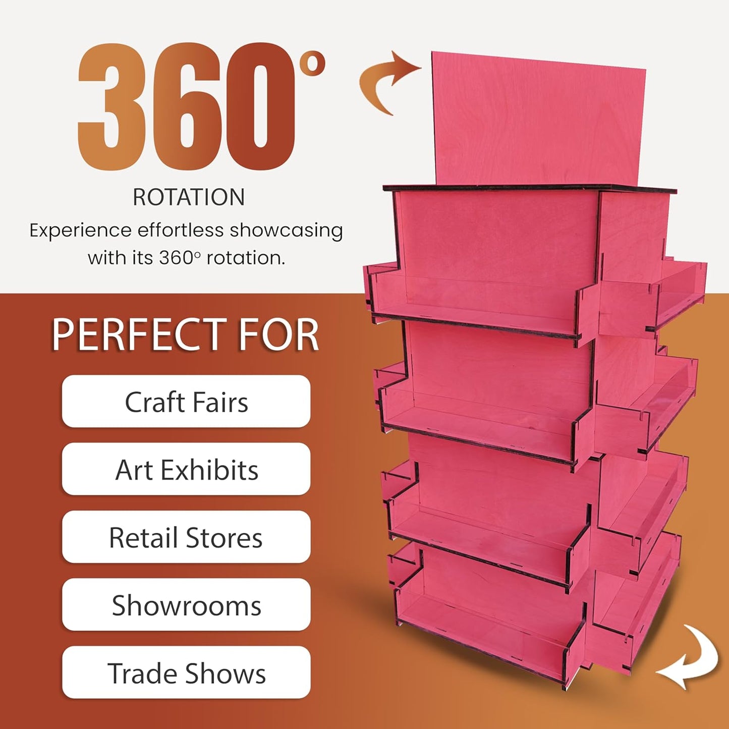 TORCHED DISPLAYS 4-Sided Rotating Display Stand - Craft Shows, Trade Shows, Markets - Small & Medium-Sized Items like Stickers, Postcards, Coasters, Note Pads, Napkins, Easy to Assemble (Pink)