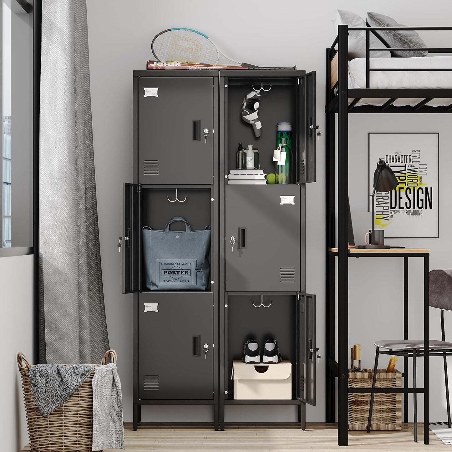 METAN Metal Storage Employees Lockers with 3 Lockable Doors and Hooks,66''H*16''W*16''D Locking Storage Cabinets for Small Spaces,Home,School,Gym,Assembly Required,Black