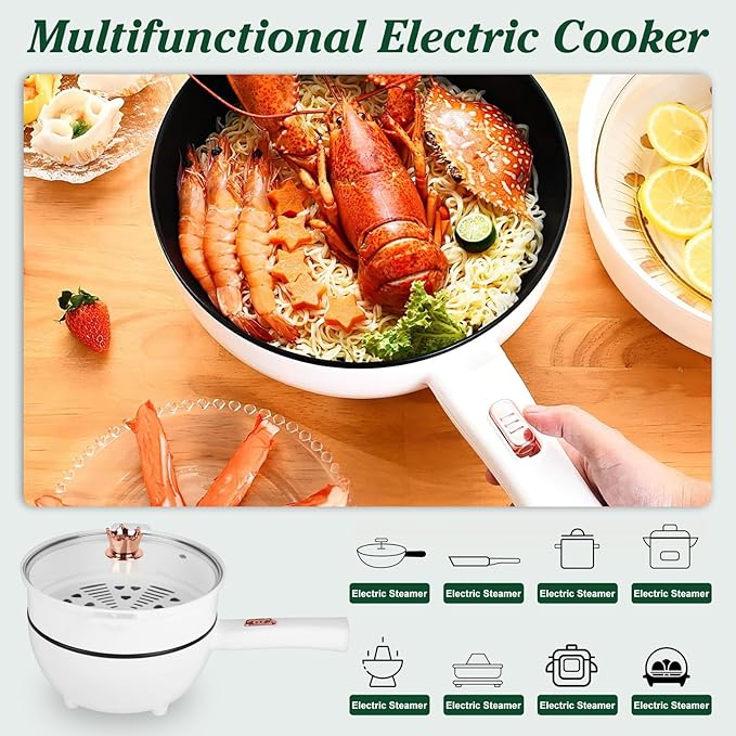 Hot Pot Electric with Steamer, 3L Non-Stick Sauté Pan, Rapid Noodles Cooker with Spatula, Mini Pot for Steak, Egg, Ramen, Electric Cooker with Dual Power Control, Over-Heating Boil Dry Protection