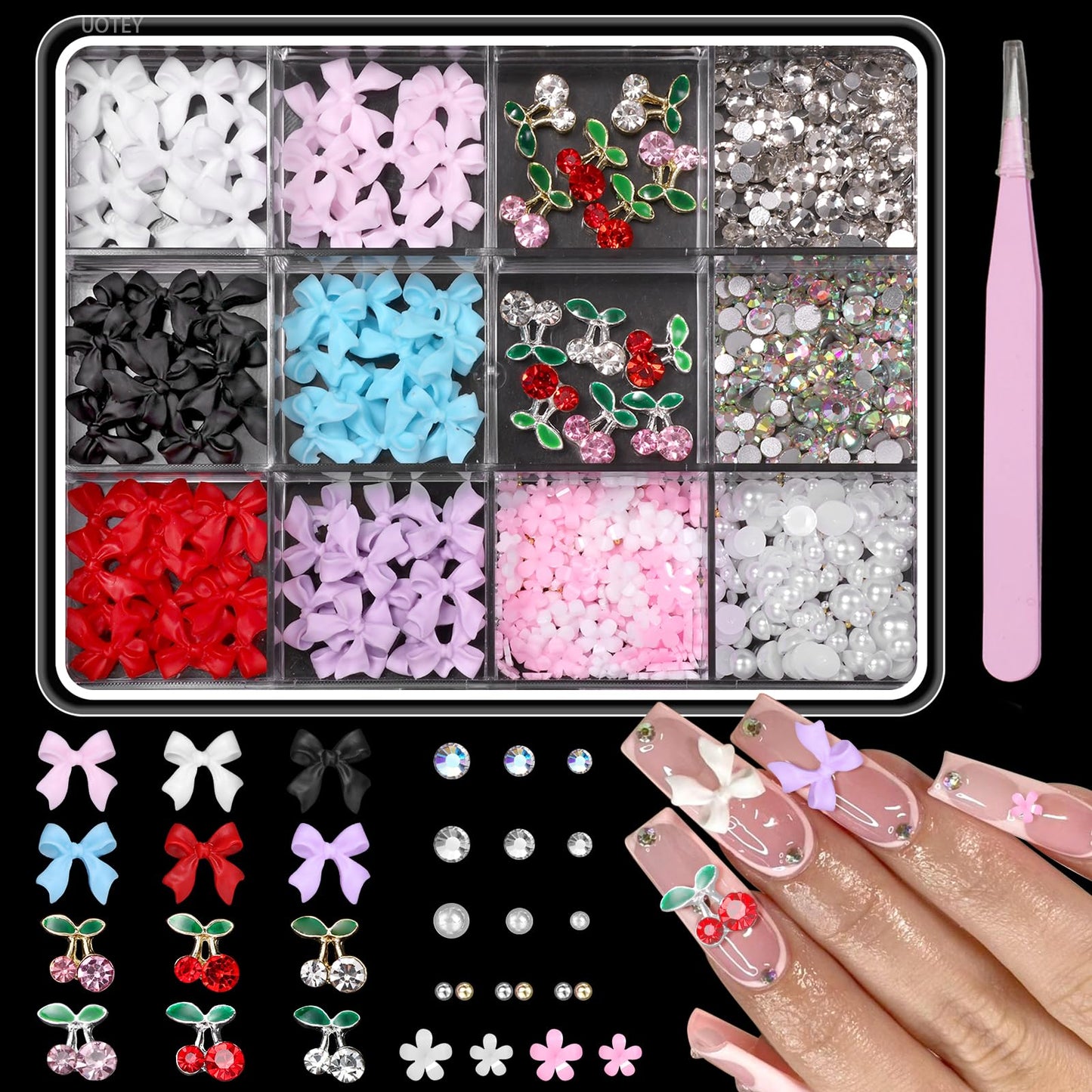 3D Bow Nail Charms and Rhinestones, Color Acrylic 3D Nail Bows Cherry Nail Charms, Bows Blossom Flowers Nail Charms and Gems for
