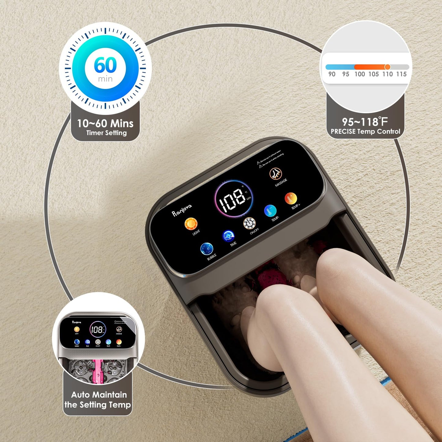 Ranjova Foot Spa Electric Rotary Massage, with Touchscreen Pro Color Display, Collapsible Foot Bath with Heat, Bubble,Remote Con