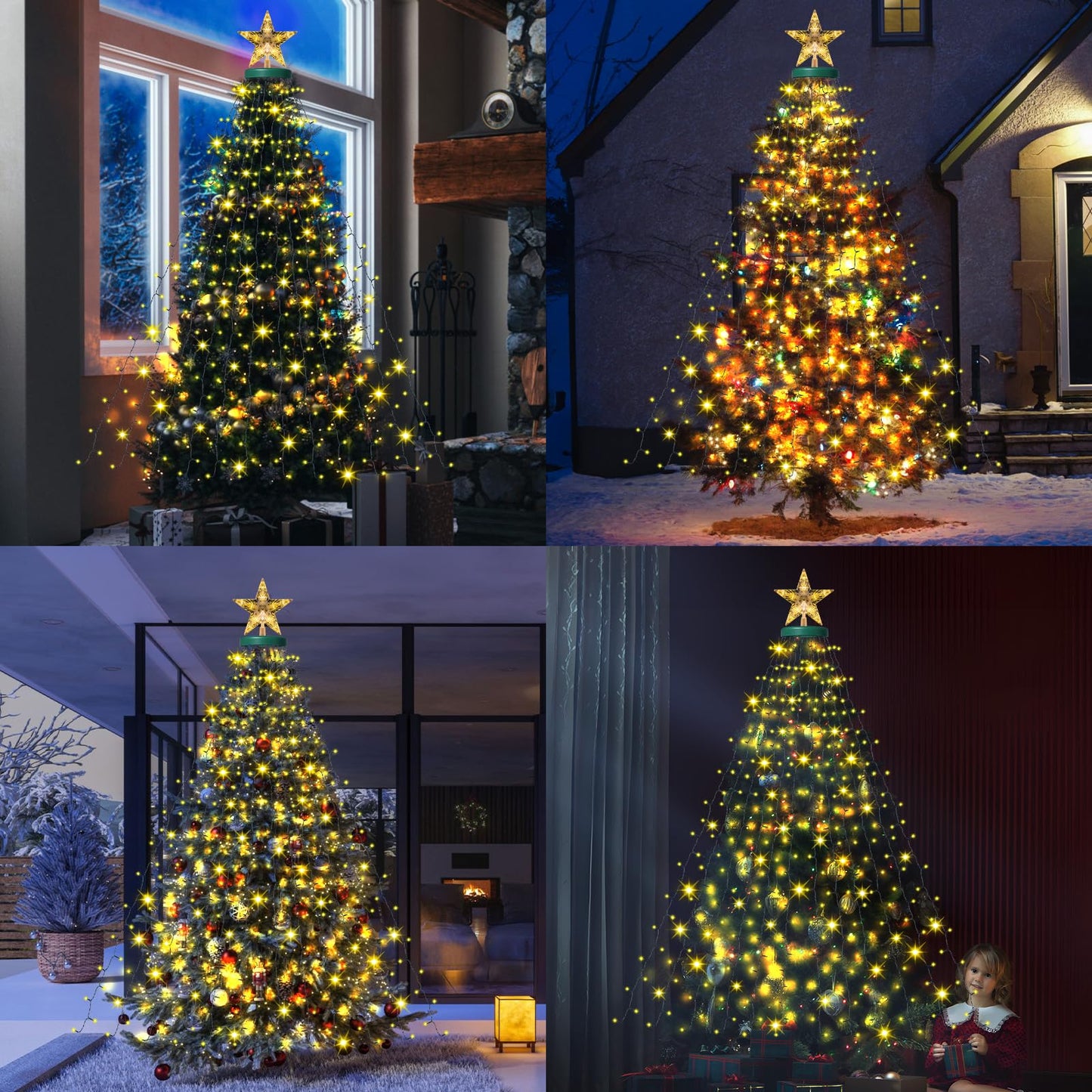 Amipepe Solar Christmas Tree Lights With Star Topper  410 Led 6.6Ft X 16 Lines Christmas String Lights With 8 Models Timer Remote  Waterfall Tree Lights Usb Powered For Xmas Tree  Warm White