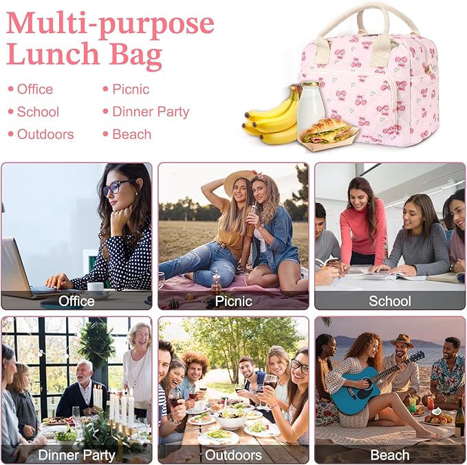 Quilted Lunch Box for Women,Large Pink Cherry Insulated Lunch Bag for Adult,Cute Lunch Tote Bags for Work Picnic Travel (pink charry heart,M)