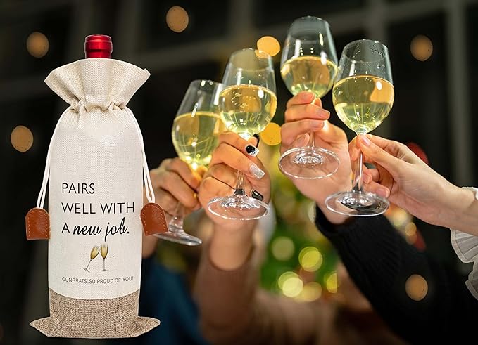 Woukaup New Job Gifts Wine Bag, New Job Wine Champagne Bag, Cotton Linen Wine Gift Bag With Drawstring, Goodbye Farewell Leaving Gifts, New Beginning Gifts for Going Away Colleagues Friend Coworker