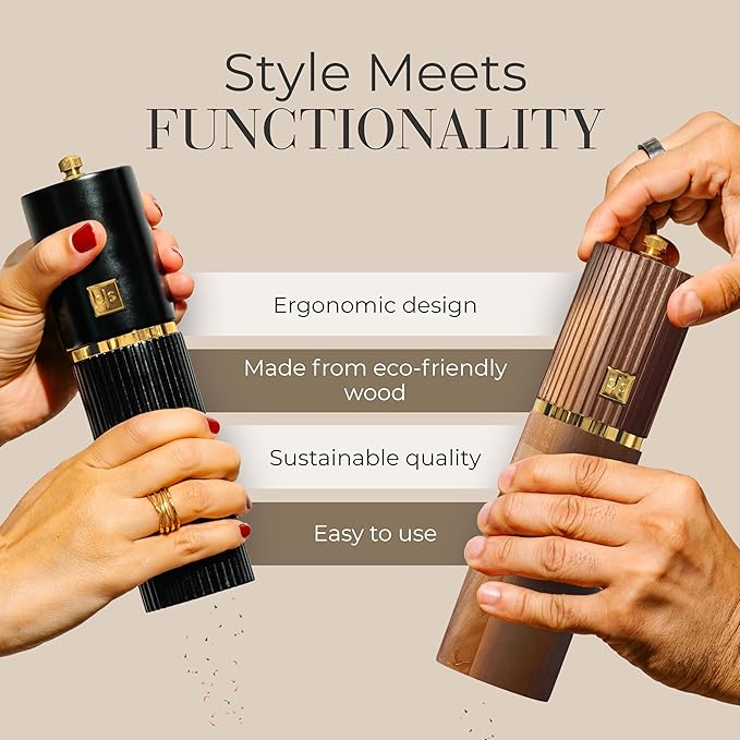 Wooden Salt and Pepper Grinder Set – Refillable Manual Salt and Pepper Mills with Adjustable Ceramic Burrs, Gold Detailing, and Acacia Wood Stand – Ideal Kitchen Gift
