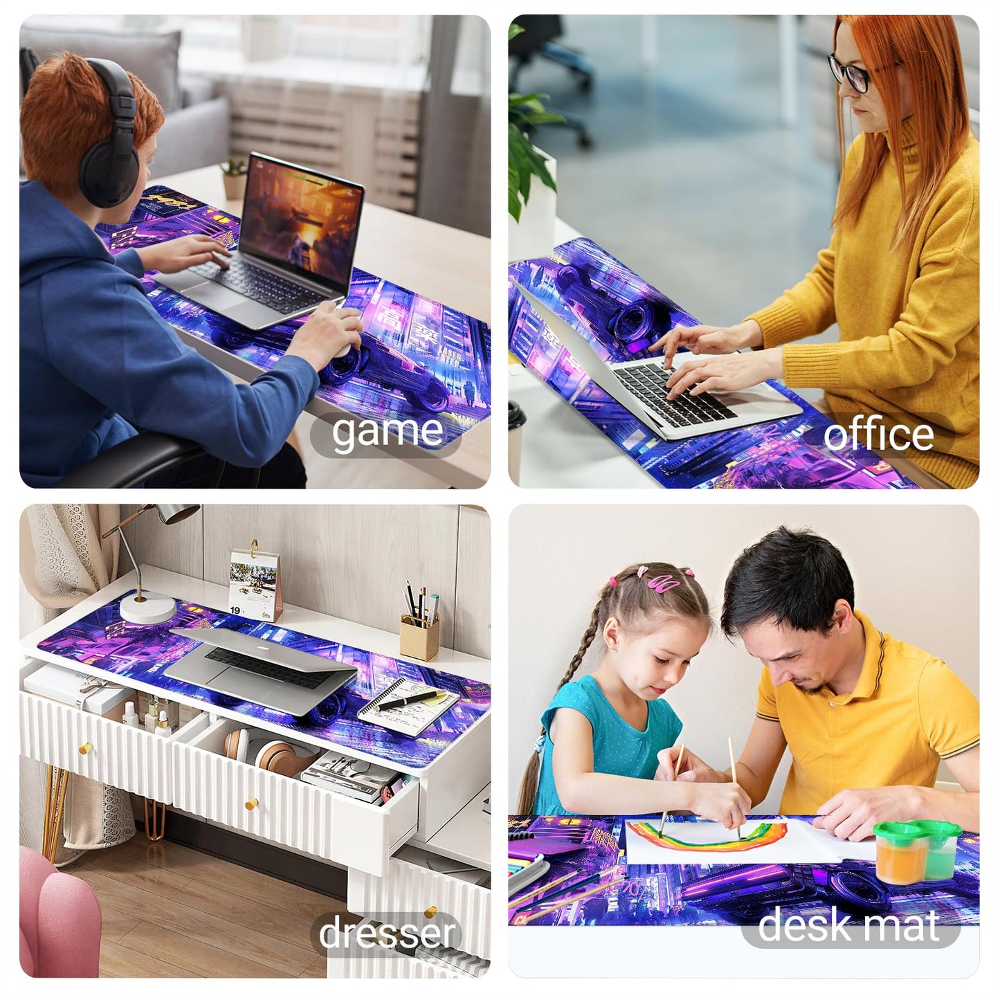 KMLVILE Anime City Gaming Desk Pad for Keyboard, XL Size, Stitched Edges, Anti-Slip Base, Waterproof, Big Mouse Pad for Gamer Office & Home (Purple, 31.5" x 11.8")