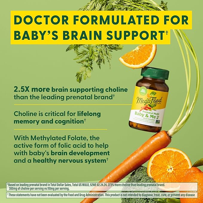 MegaFood Baby & Me 2 Prenatal Multi Minis - Prenatal Vitamins for Women with Choline & Methyl Folate - Gluten-Free, Vegetarian, Pre Natal Multivitamin for Women – 120 Minis Tablets, 30 Servings