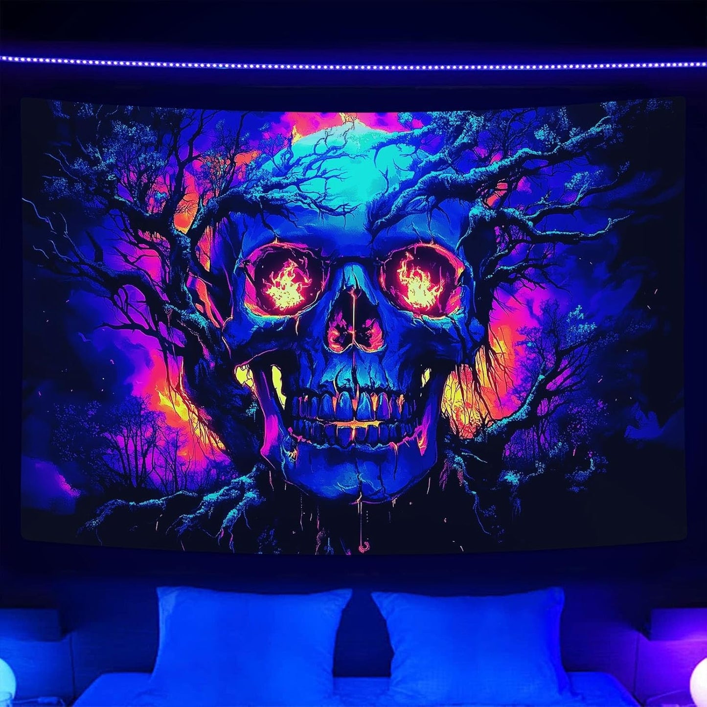 Xiaoput Blacklight Fire Skull Tapestry for Bedroom, Trippy UV Reactive Burning Skeleton Forest Wall Hanging Tapestries, Scary Dark Horror Glow in the Dark Tapestries for Living Room Home Dorm 90X70IN