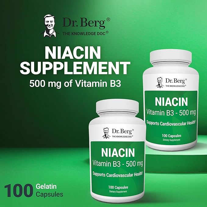 Dr. Berg Niacin 500mg with Flushing for Heart Health & Energy Support* - 100-Day Supply Vitamin B3 Niacin from Dr. Berg Recommended Nicotinic Acid - 100 Capsules