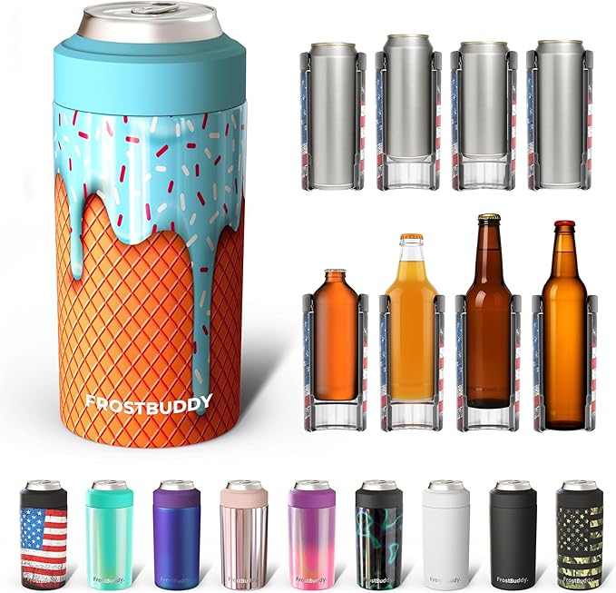 Frost Buddy Universal Can Cooler - Fits all - Stainless Steel Can Cooler for 12 oz & 16 oz Regular or Slim Cans & Bottles - Stainless Steel (Blue Ice Cream)