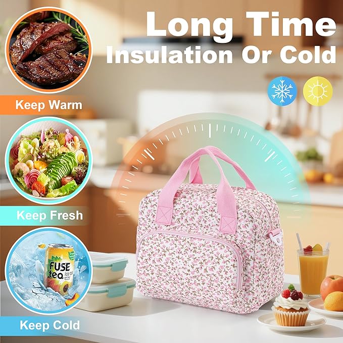 Large Lunch Bag for Women Insulated Lunch Box Reusable Cooler Bag Portable Cute Corduroy Leakproof Tote Bags for Travel, Work, and Picnic, Pink Flower