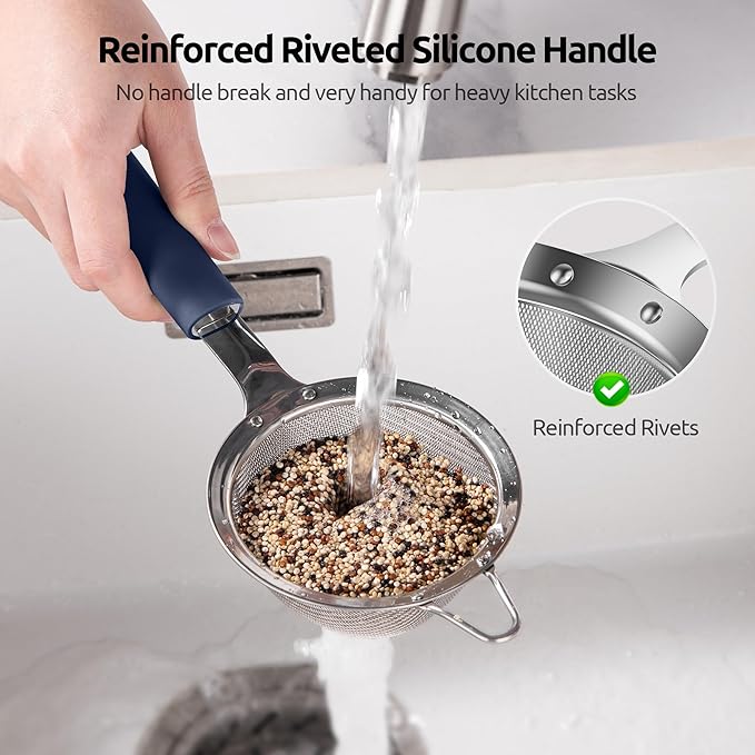 U-Taste Fine Mesh Food Strainer: 18/8 Stainless Steel 30 Mesh Kitchen Sieve with Sturdy Riveted Silicone Handle, Heavy Duty Deep Handheld Metal Colander (Small/3.35in+Medium/4.73, Midnight Blue)