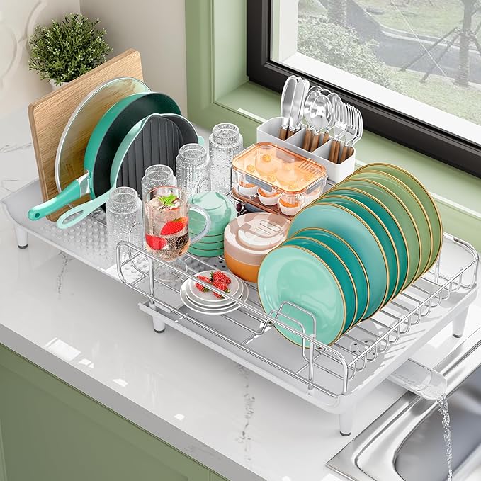 TOOLF Dish Drying Rack - Large Expandable Dish Rack for Kitchen Counter, Stainless Steel Dish Drainer for Kitchen Organization with Cutlery ＆ Cup Holder,White
