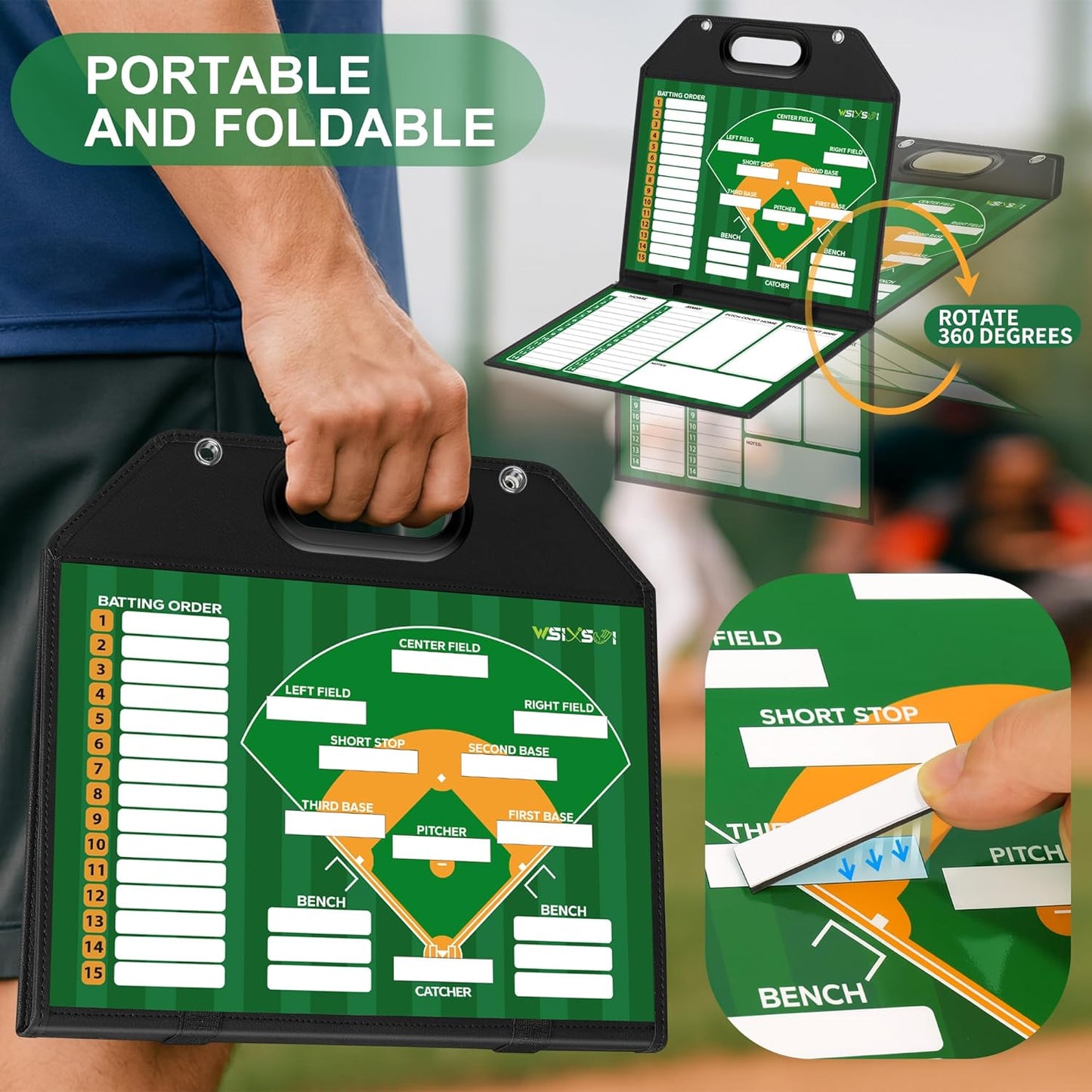 Magnetic Baseball Lineup Board for Dugout | Professional Baseball/Softball Clipboard for Coaches, Foldable | Leather Cover | Carry Handle | Detachable Scoreboard | 30 Lineup Cards