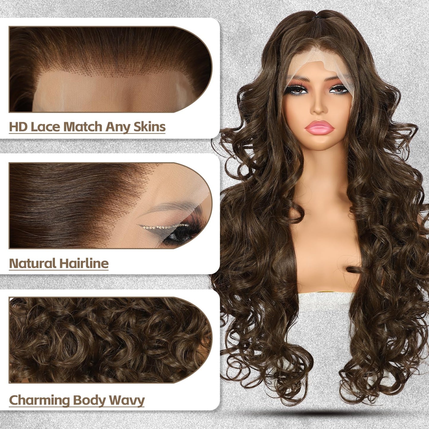 BABEHERS Chocolate Brown Lace Front Wig for Women 13x4 Long Wavy Synthetic Wigs Pre-plucked Natural Hairline Lightweight Heat Re