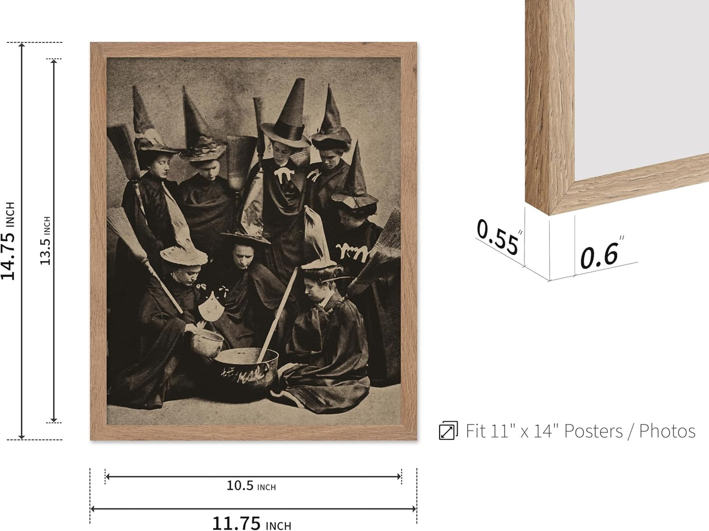 Poster Master Vintage Photograph Poster - Retro Halloween Print - Gift for Artist, Friend - Witches Cooking, Pointy Hats, Broomsticks, Black Magic - Wall Decor for Bedroom, 11x14 Beige Framed
