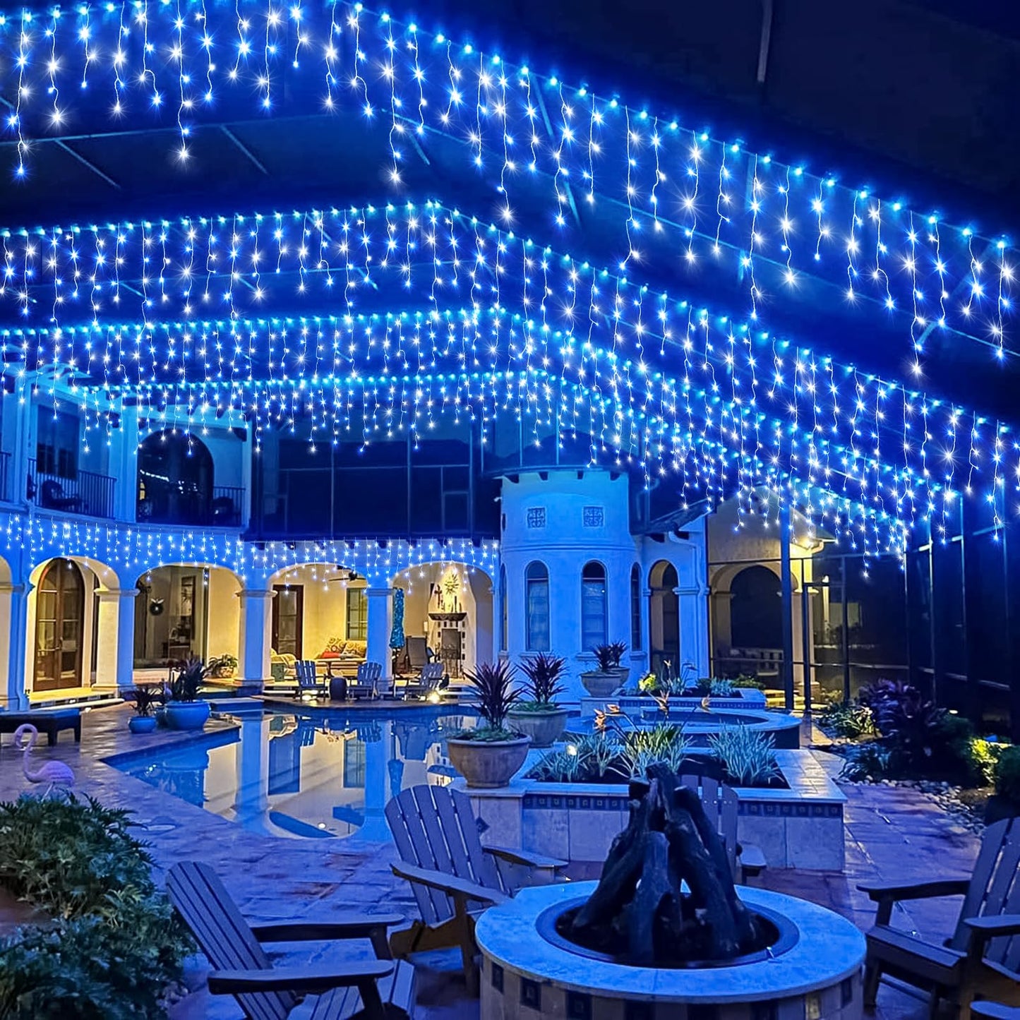 Einiiya Icicle Christmas Lights, 640 LED, 66ft, Waterproof, 8 Modes, Blue & White, Model BG-CL3M3-306L01