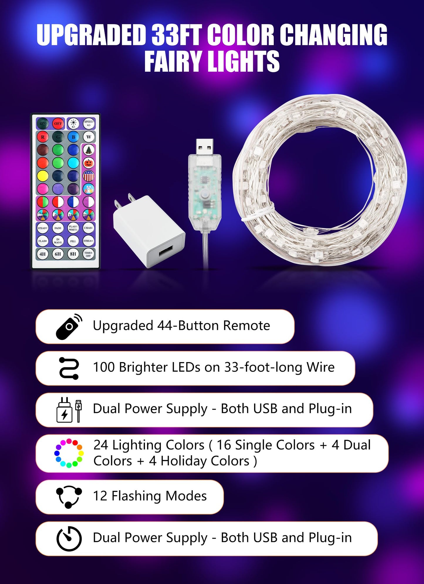 Minetom Fairy String Lights - 100 LED USB Operated - 33ft Silver Wire - Remote Control - Indoor Decor