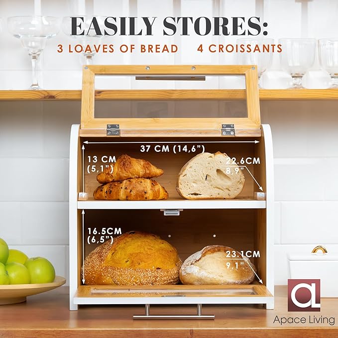 Arise Stylish Bamboo Bread Box for Kitchen Countertop, Extra Large 2-Shelf Wooden Bread Storage Container with Clear Windows and Air Vents Keep Bread, Bagels and Rolls Fresh, Self Assembly