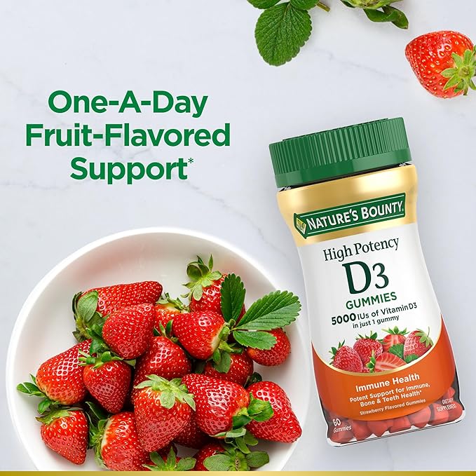 Nature's Bounty Vitamin D 5000 IU Gummies, Vitamin D3 High Potency Immune Support & Bone Health Supplement, 5000 IU in 1 Gummy, Strawberry Flavor, 2 Month Supply, 60 Vegetarian Gummies for Adults