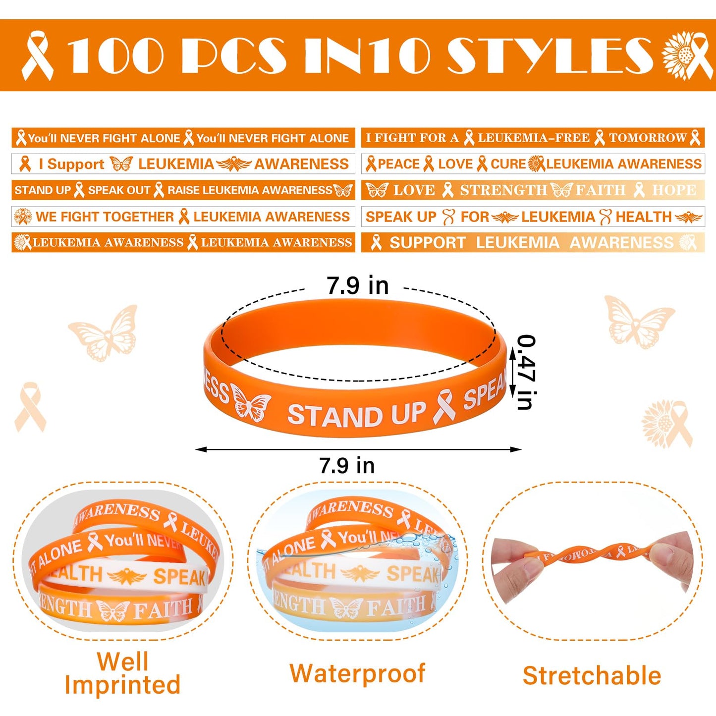 PullCrease 100 Pcs Leukemia Awareness Wristbands Bulk 10 Styles Orange Ribbon Silicone Bracelets Leukemia Awareness Wristbands w