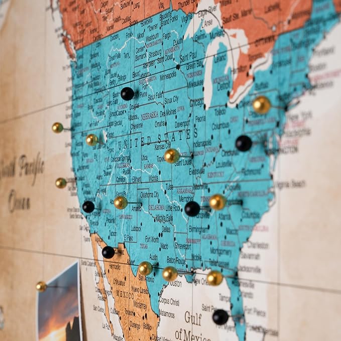 Canvas World Map with Cork Pin Board - English Lettering - Decorative Wall Decoration for All Rooms - Canvas Pictures with World Map Motif (70x50 cm, Pattern 3)