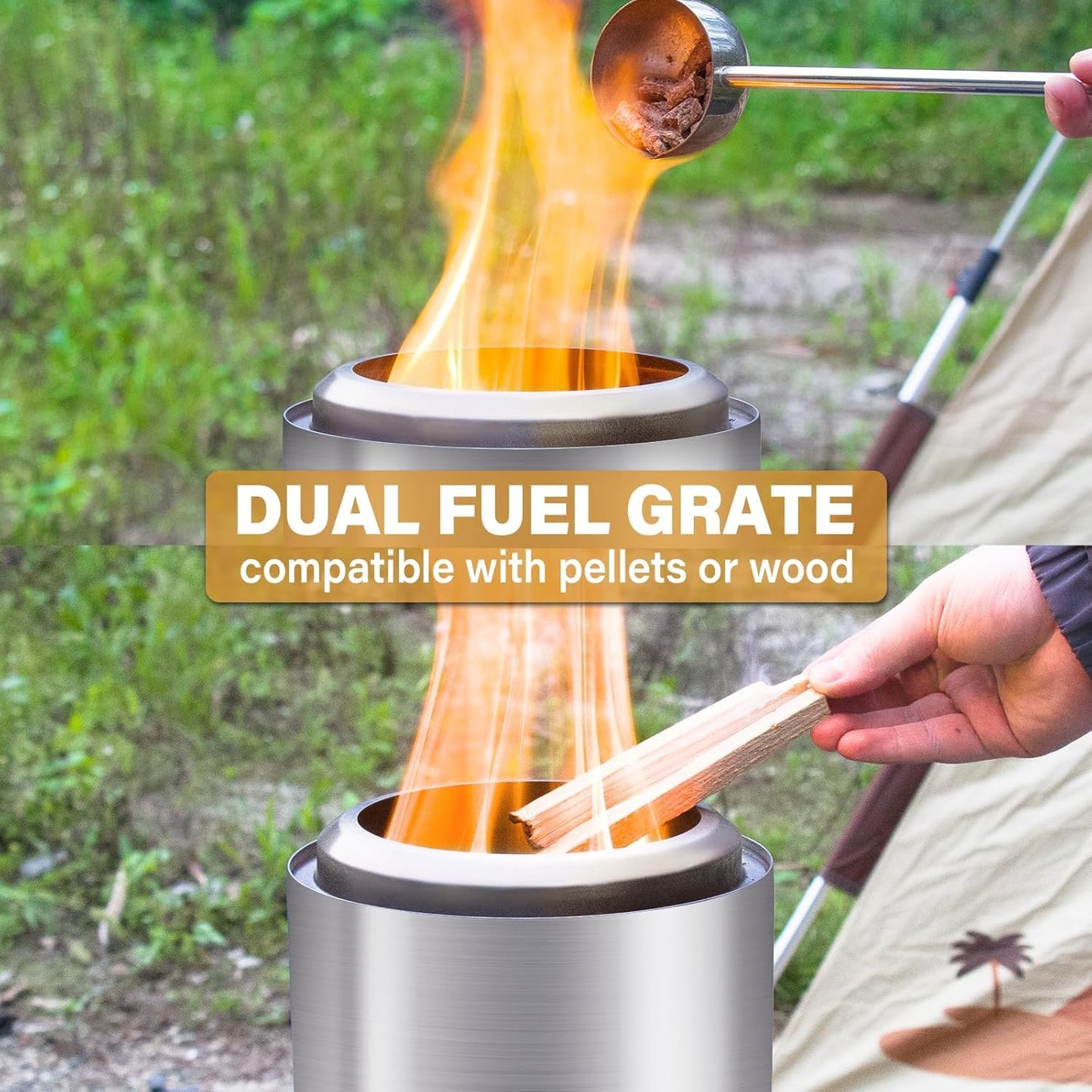 HGD Small Tabletop Fire Pit, Smokeless Table Top Firepit, Portable Mini Stove with Carry Bag for Camping Backyard Patio Garden Picnic, Fueled by Pellets or Wood, Stainless Steel, Silver