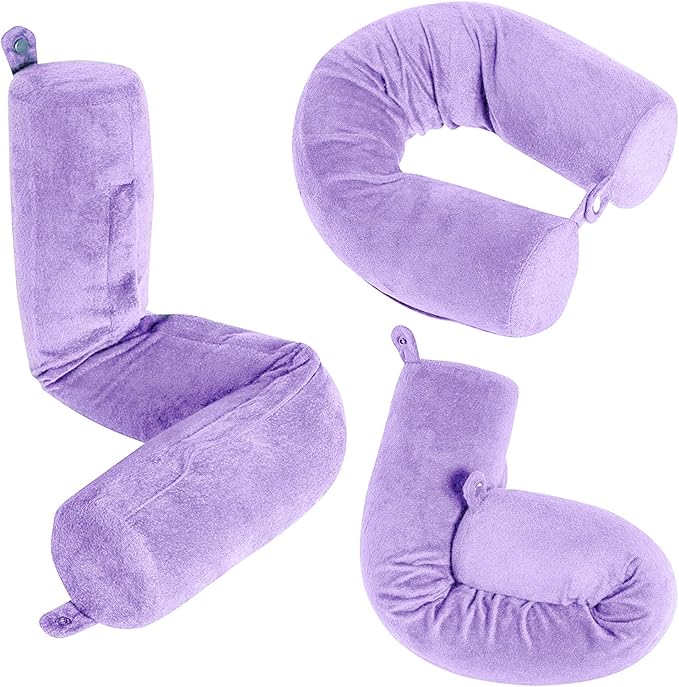 Dot&Dot Twist Memory Foam Travel Pillow for Airplanes - Travel Neck Pillow for Sleeping - Airplane Pillow for Neck Support, Chin, Lumbar and Leg - Adjustable, Bendable Neck Roll Pillow (Purple)