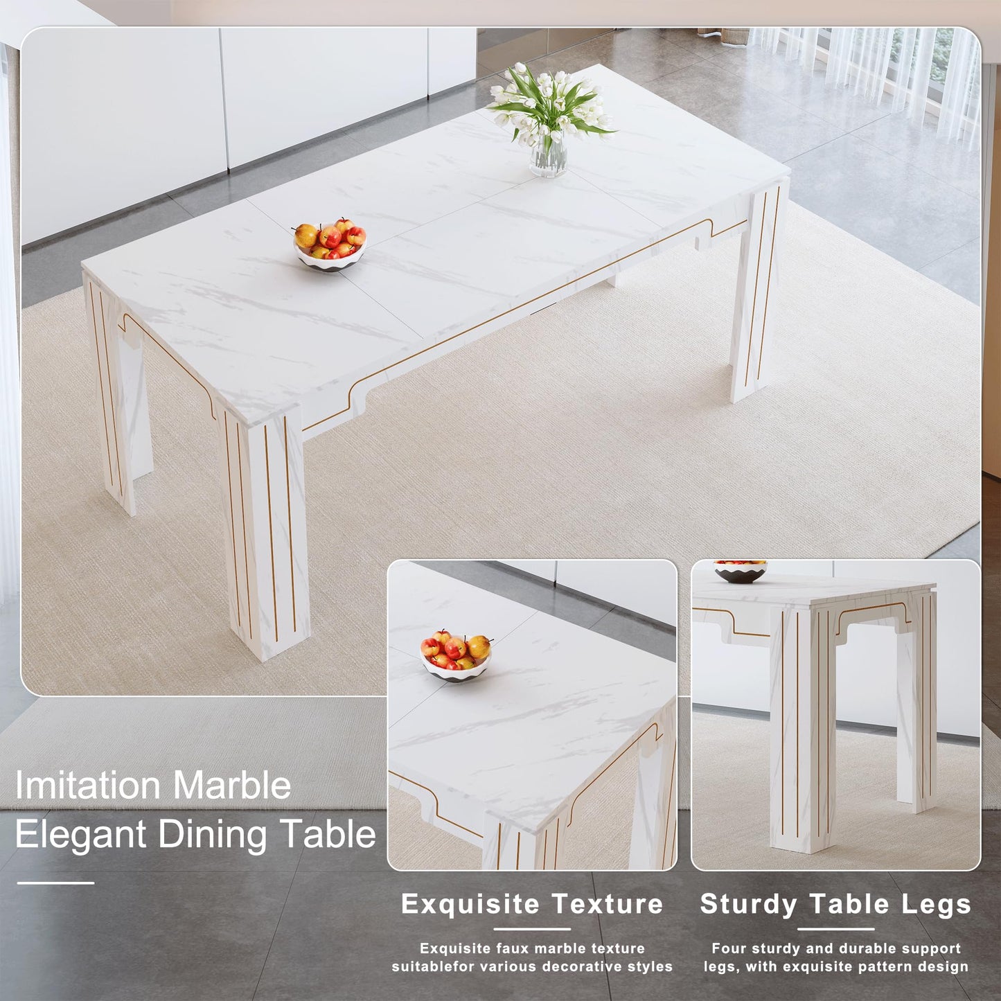 KEIKI 9-Piece Dining Table Set for 8, 71" White Faux Marble Kitchen Table with 8 Black PU Leather Chairs, Modern Dining Room Set with Silver Metal Legs, Large Rectangular Table for Home, Restaurant