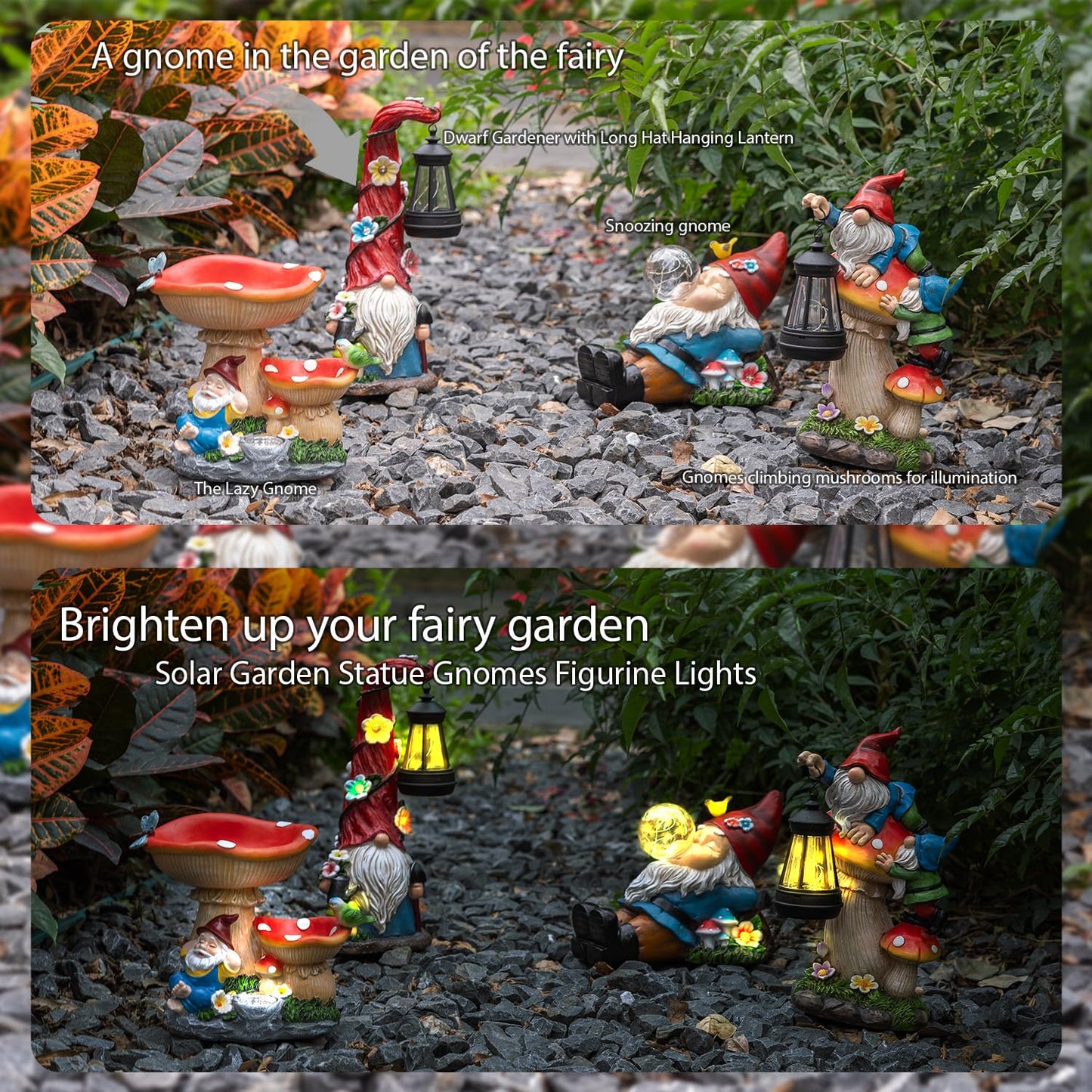 TIJNN Solar Gnome Statue with LED Lights, 7.4in Plastic Garden Decor, Gnome Beneath a Mushroom, Model TIJDX-001