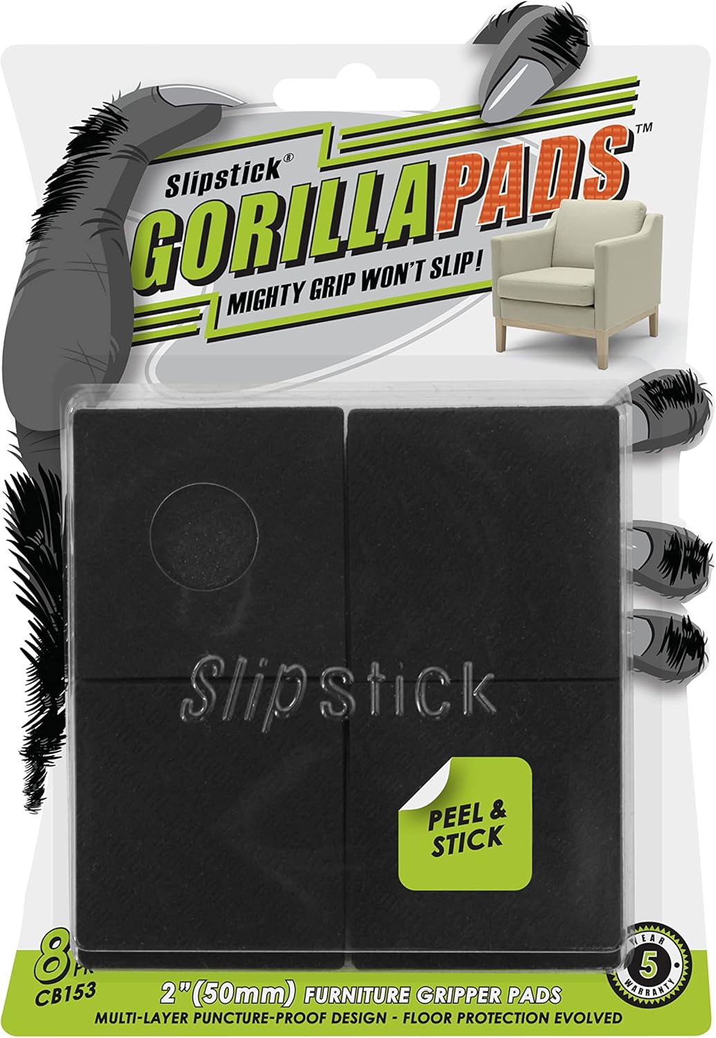 Slipstick GorillaPads Non Slip Furniture Pads/Gripper Feet Floor Protectors (Set of 8) Premium 2 Inch Square Self Adhesive Rubber Stoppers for Furniture Legs