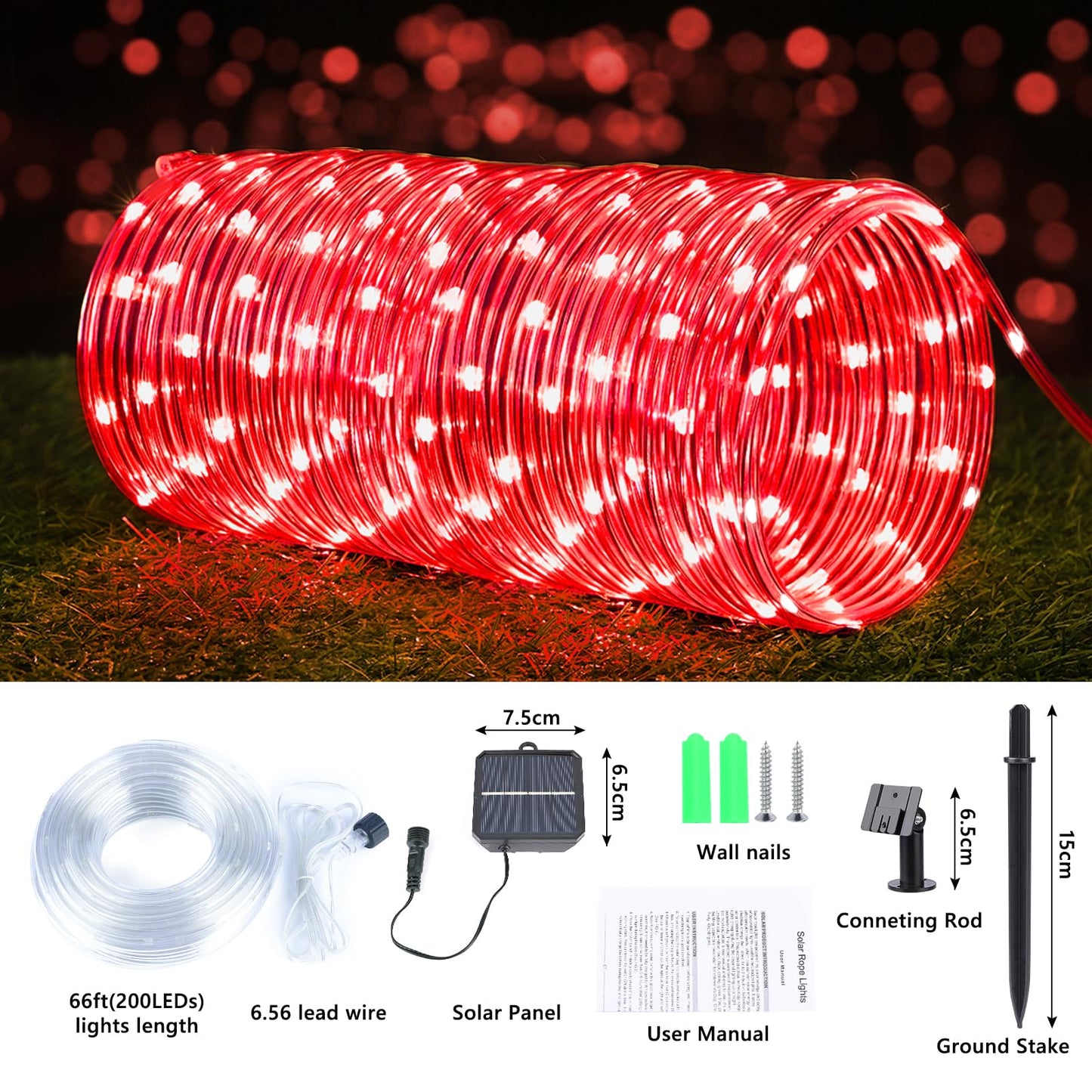 Jnaurb Solar Rope Lights, 132ft 400LED Waterproof Outdoor String Lights, Red, 8 Modes, Flexible Tube for Garden Patio Xmas Decor