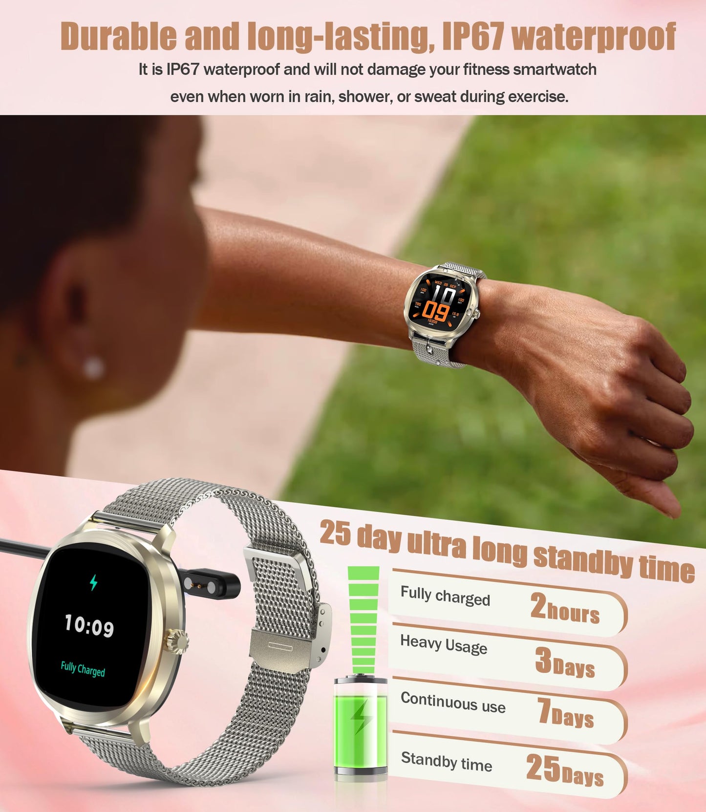 Women's Smart Bracelet/Smart Watch, 1.72-inch Display, IP68 Waterproof Sport Bracelet, One-Touch Bluetooth Calling, Fitness Tracker with Health Monitor (Champagne Gold)