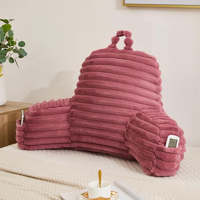 Faux Fur Fluffy Dusty Rose Reading Pillow with Pockets, Luxury Striped Plush Decorative, Arm Rests and Back Surport for Bed Rest, Lounging on sofa, Standard