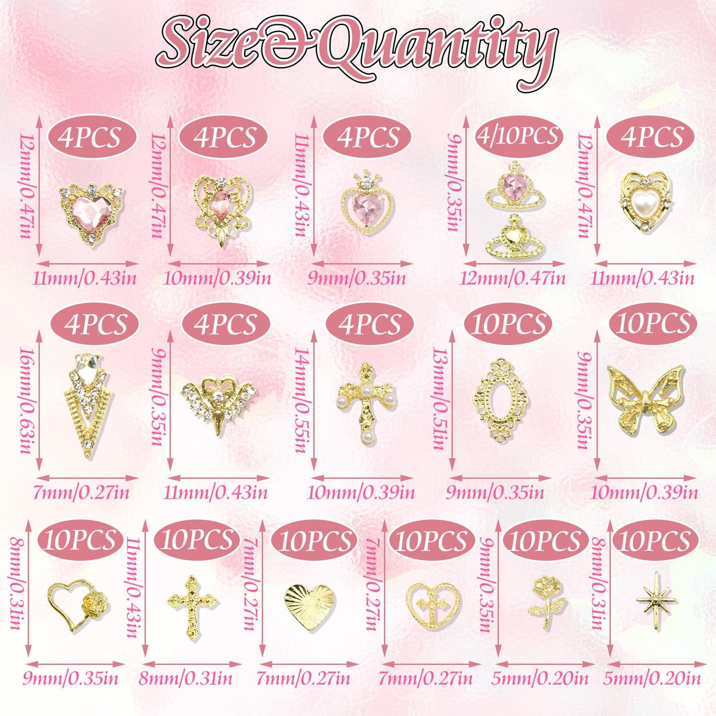 RODAKY 122PCS Gold Nail Charms - Pink Rhinestone Heart Charms, 3D Metal Butterfly Roses Cross Nail Gems for Manicure Design