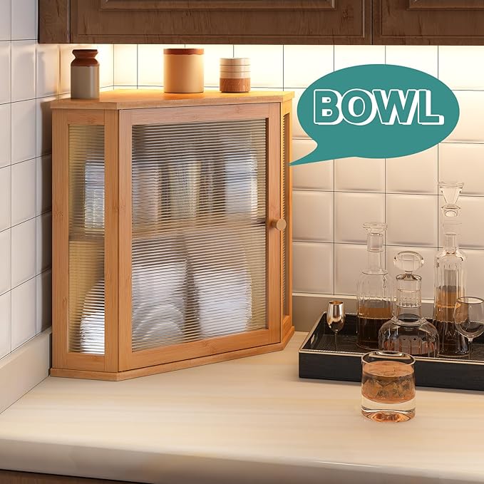 Corner Bread Box for Kitchen Counter, Bamboo Wood Large Capacity Bread Storage Bin with Acrylic Wavy Door Panel (Natural, Extra Large)