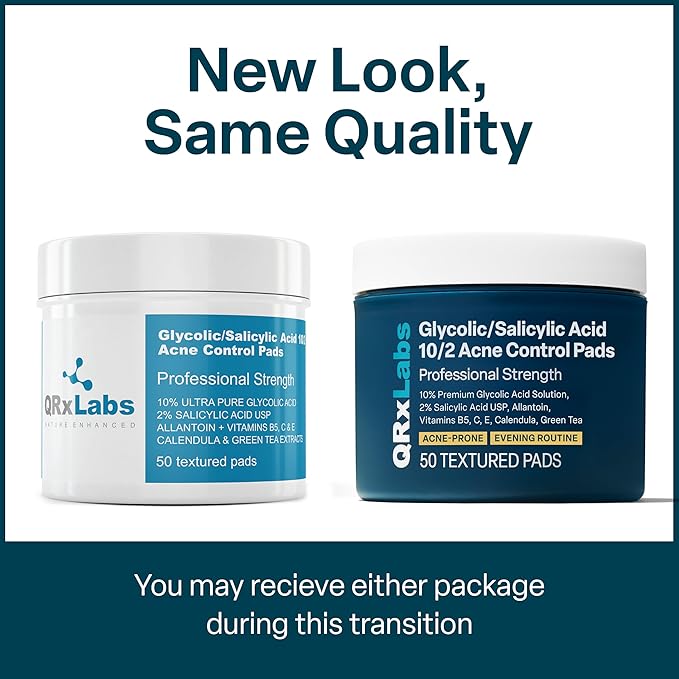 QRxLabs Glycolic + Salicylic Acid Acne Control Pads with 10% Ultra Pure Glycolic & 2% Salicylic, Allantoin, Vitamin B5, C & E, Calendula & Green Tea - Acne Treatment for Clear Skin