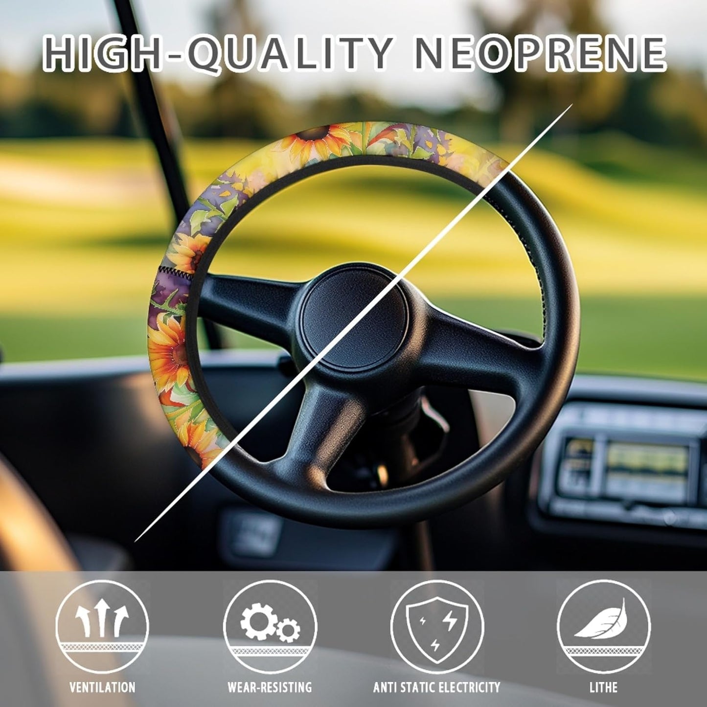 Sunflower Golf Cart Steering Wheel Cover Vintage 13 Inch Steering Wheel Covers Sun Shade Cover Comfortable Vehicle Accessories Decor