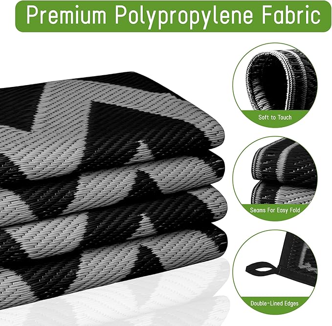 Easy-Going Reversible Outdoor Rugs 5x8ft Waterproof Plastic Straw Rug Stain & UV Resistant Floor Mat for Patio Porch RV Backyard Pool Deck Picnic Beach Trailer Camping (Waved Black & Light Grey)