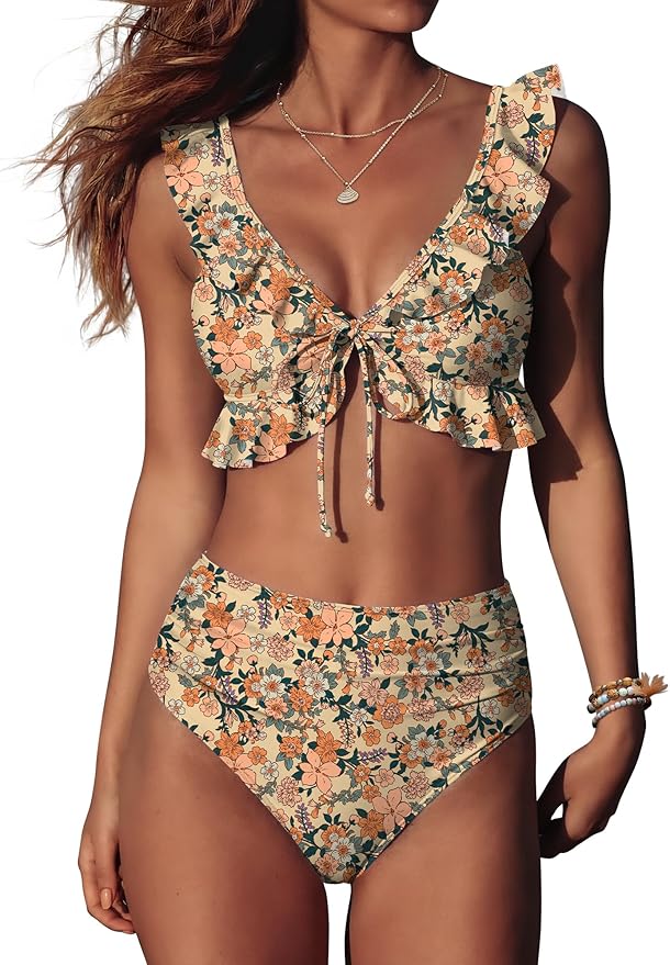 ANRABESS Women High Waisted Bikini Sets Two Piece Ruffled Self Tie Swimsuit Ruched Bathing Suit 2026 Summer Beach Swimwear